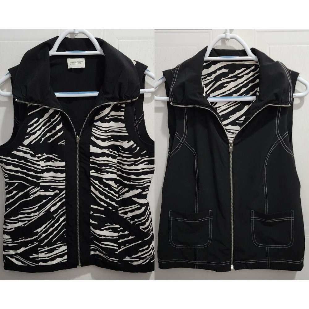Zenergy by Chico's Womens Reversible Sleeveless Zip Up Jacket Black/White Size M